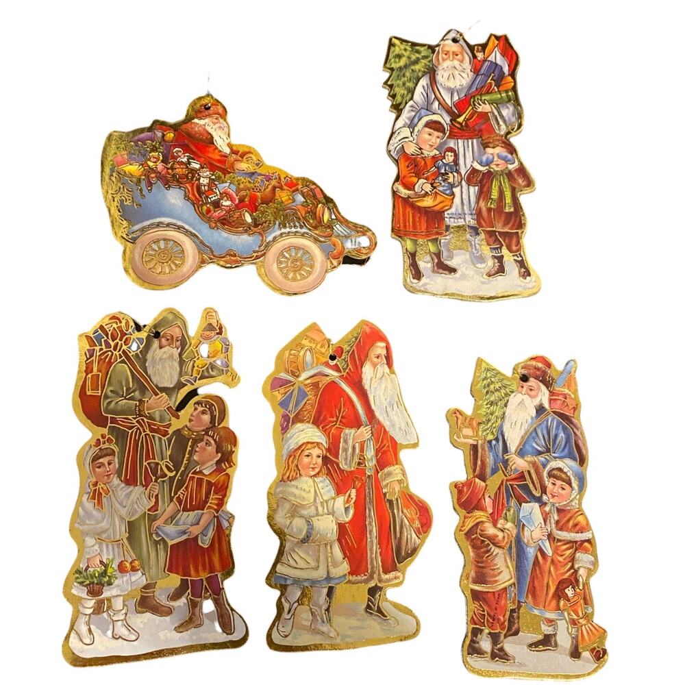 Lot of 5 Vintage 80s Christmas Cardboard Ornaments Gold Trim Accent Santa Tree